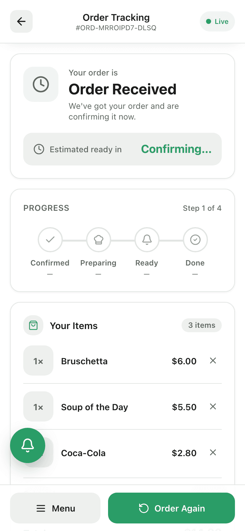 Guest view — live order tracking from confirmed to done