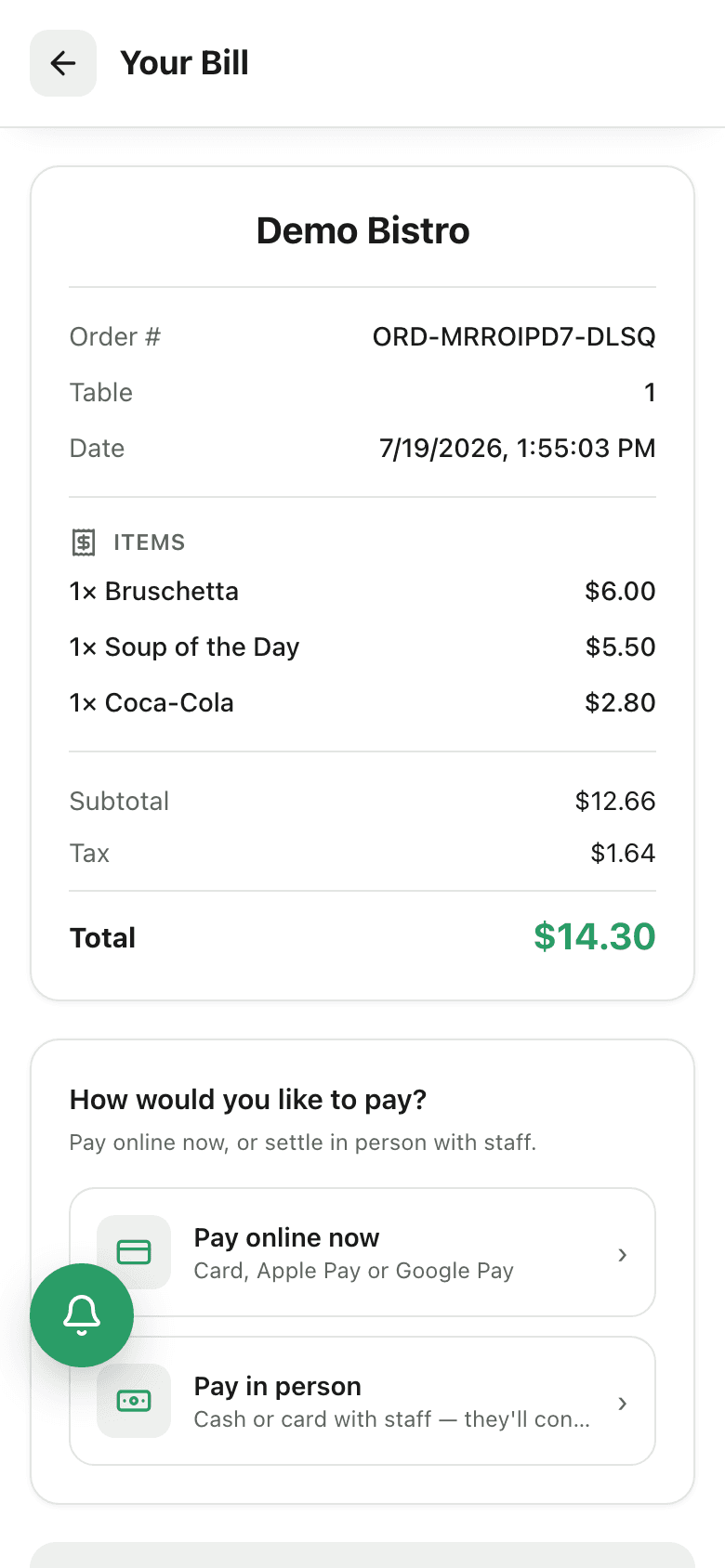 The bill on the guest's phone — pay online or in person