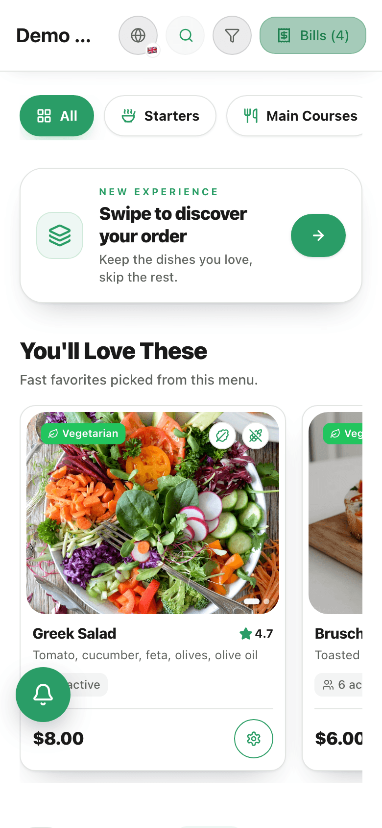 The QR menu guests see — photos, categories, one-tap add