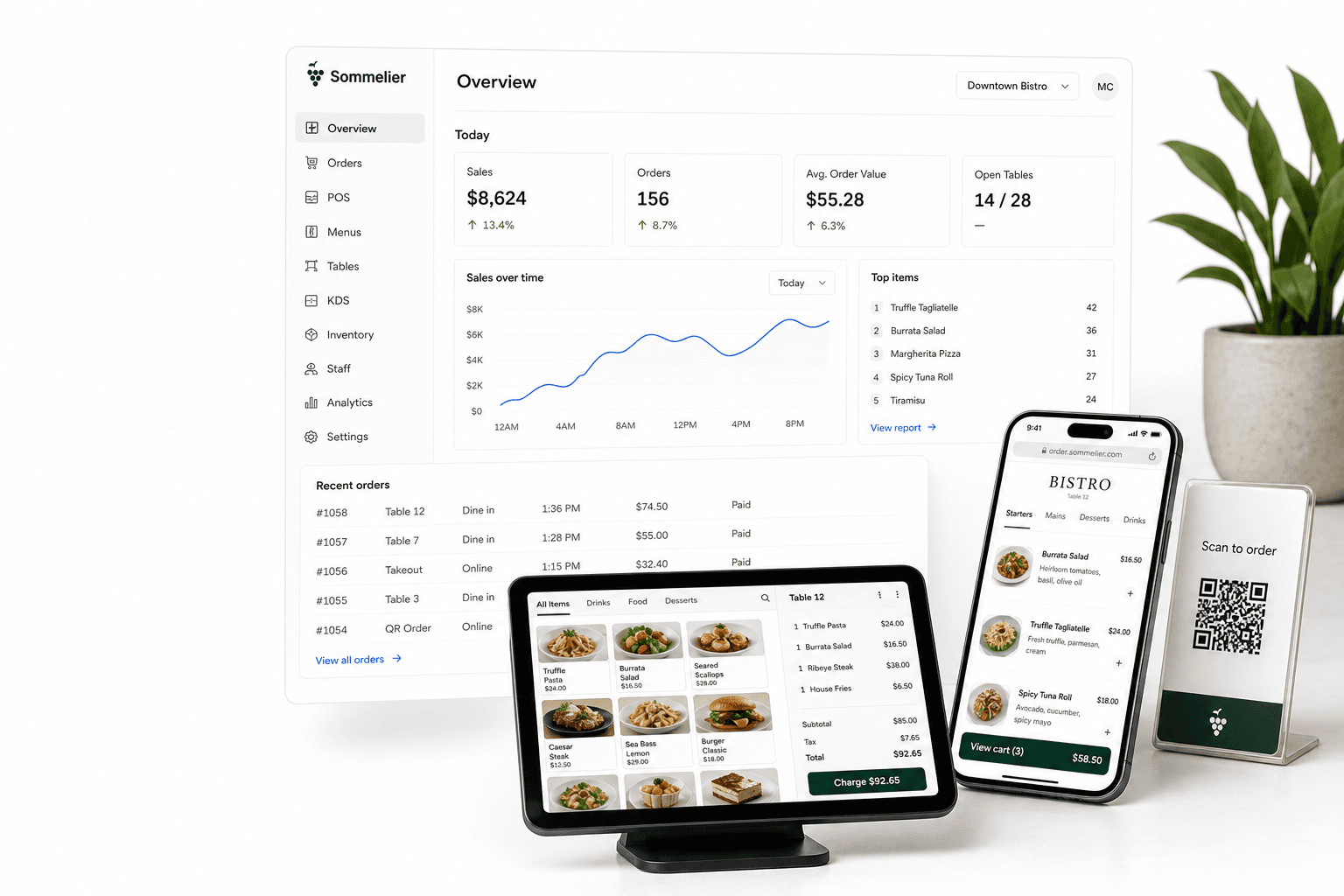 Sommelier dashboard, point of sale, QR ordering phone, and table QR display