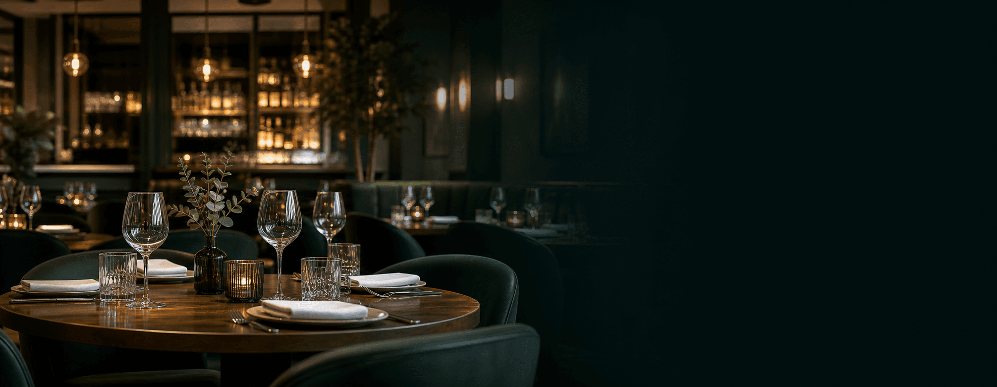 Upscale restaurant dining room prepared for service